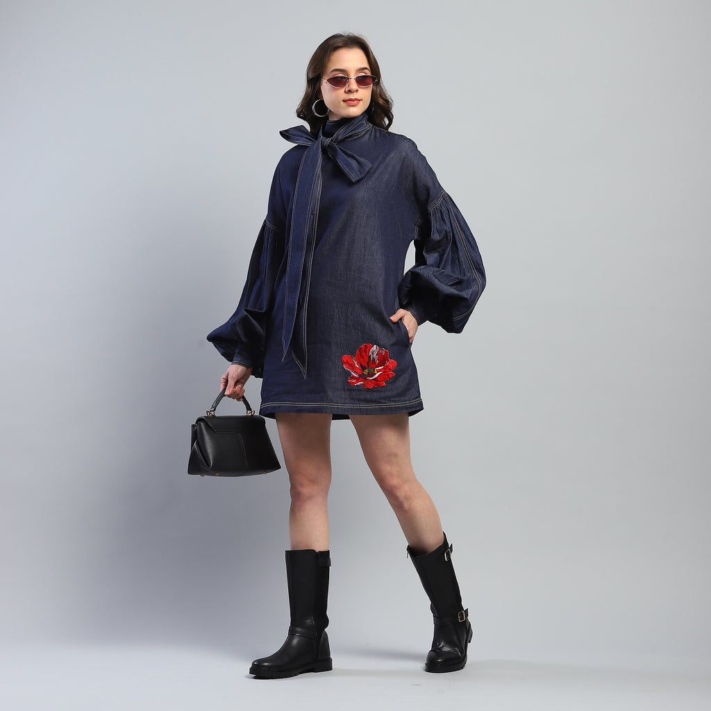 The Indigo Statement: Denim Tie-Neck Tunic Dress