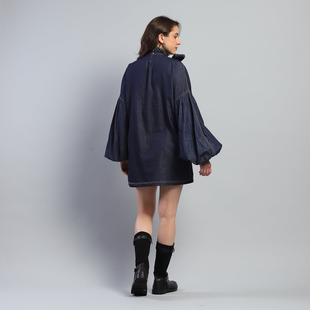 The Indigo Statement: Denim Tie-Neck Tunic Dress