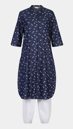 Navy blue kurta with white floral pattern on a light gray background