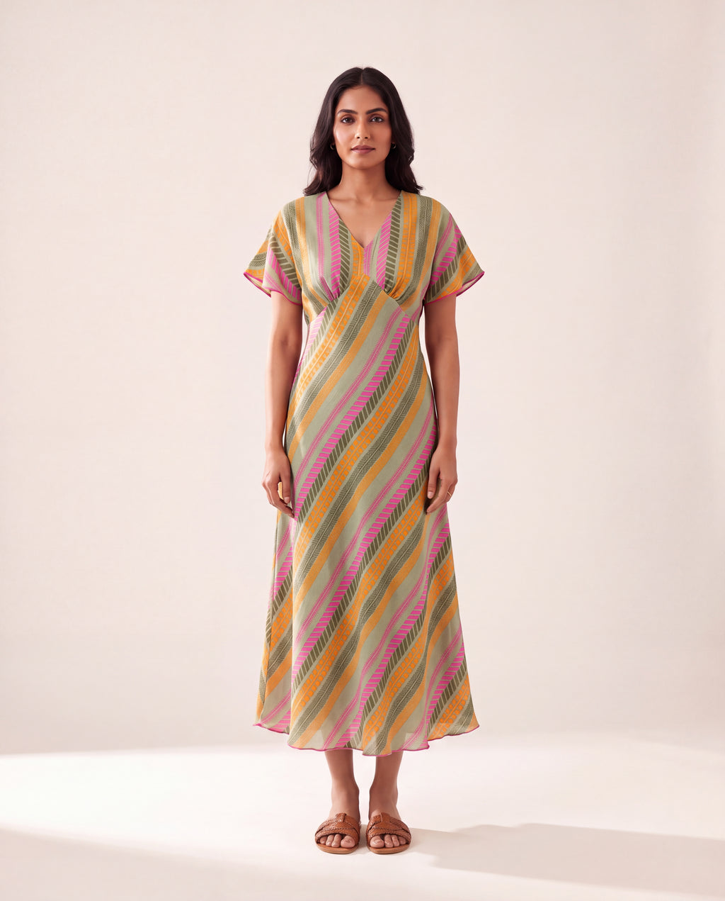 Diagonal Stripe Printed Cotton Midi Dress