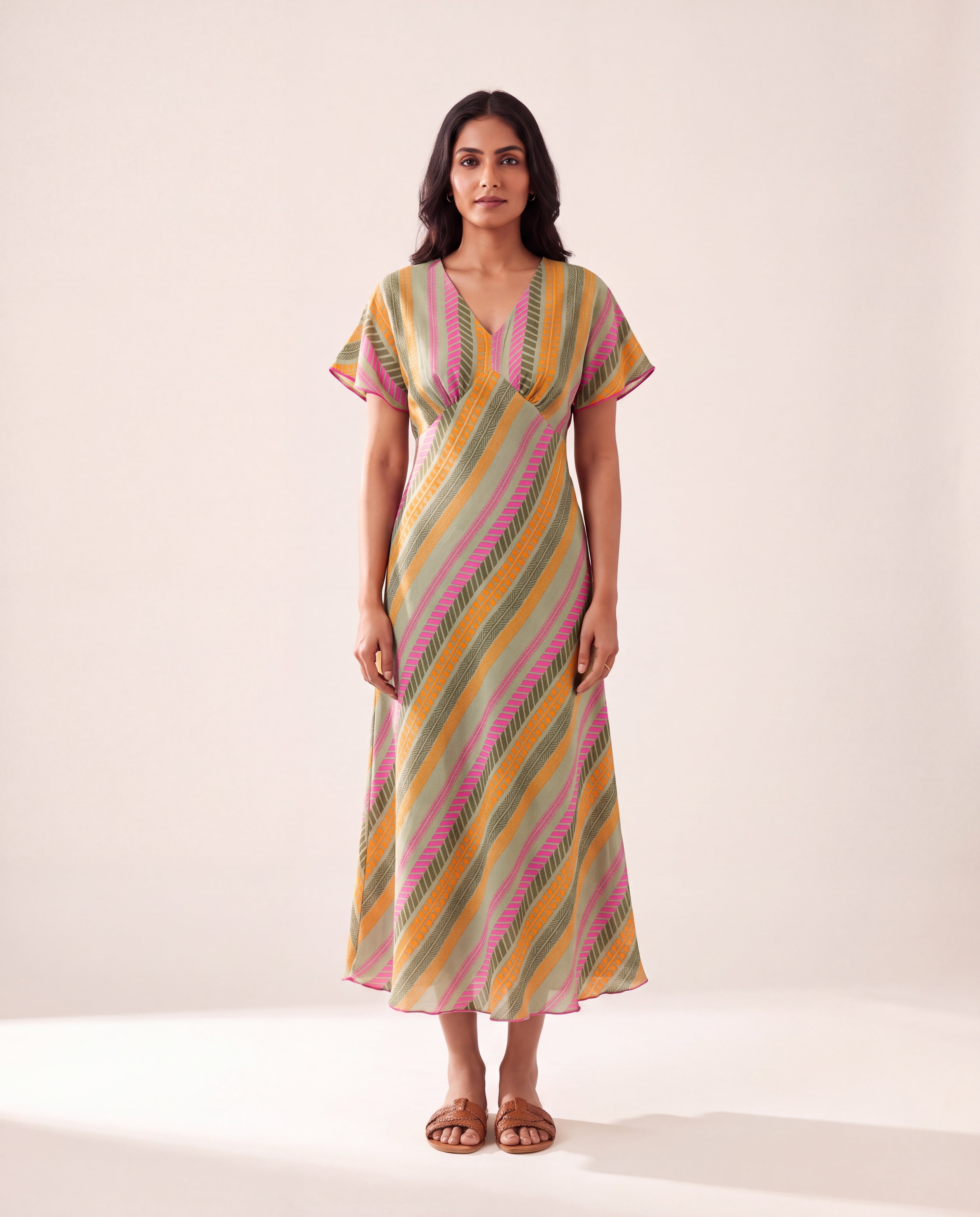 Diagonal Stripe Printed Cotton Midi Dress