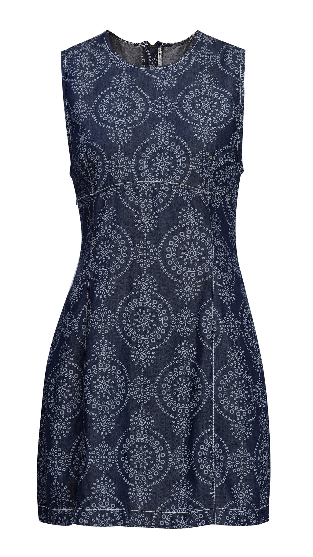 Navy blue dress with white geometric pattern on a white background