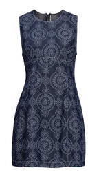 Navy blue dress with white geometric pattern on a white background