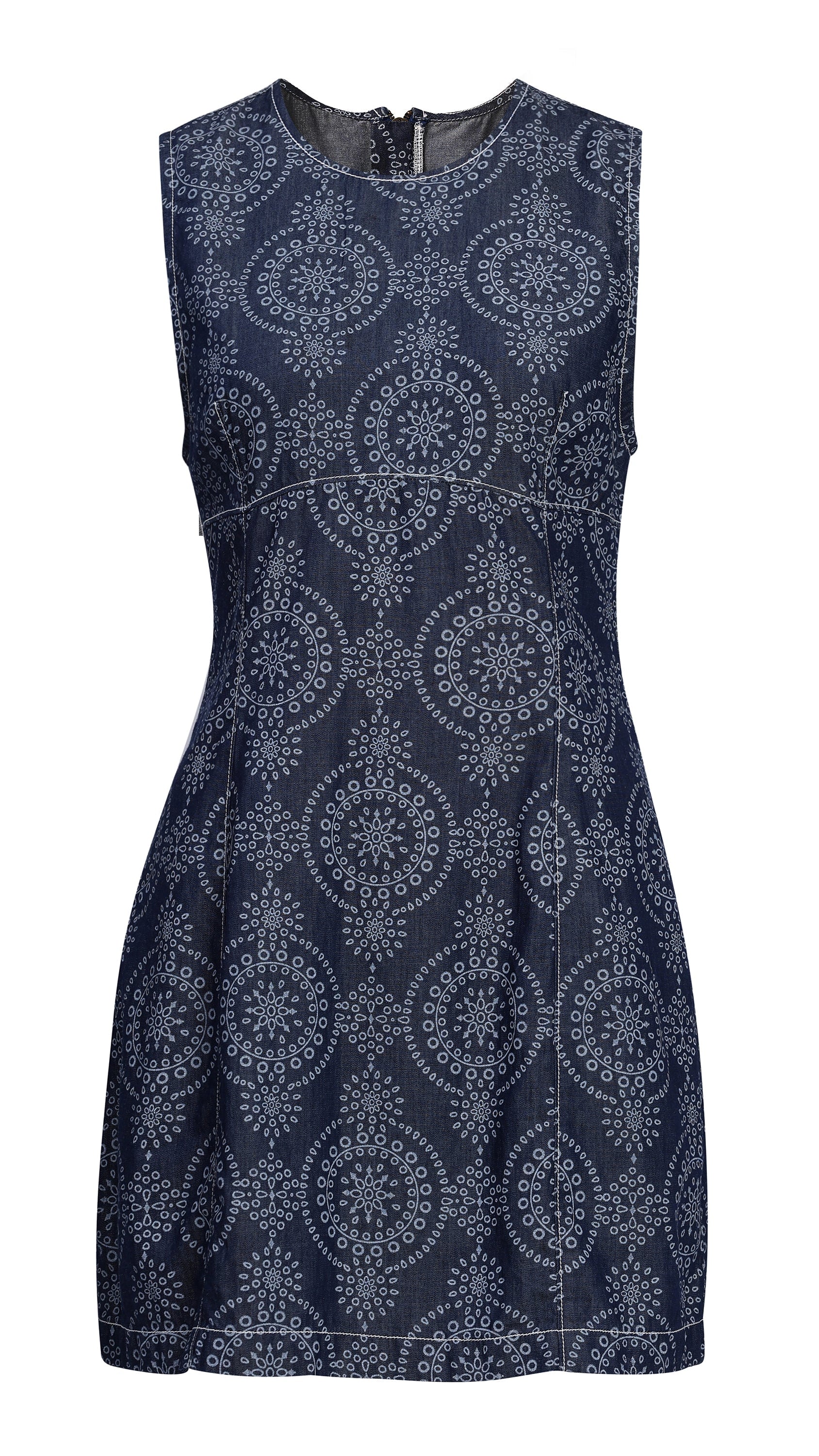 Navy blue dress with white geometric pattern on a white background