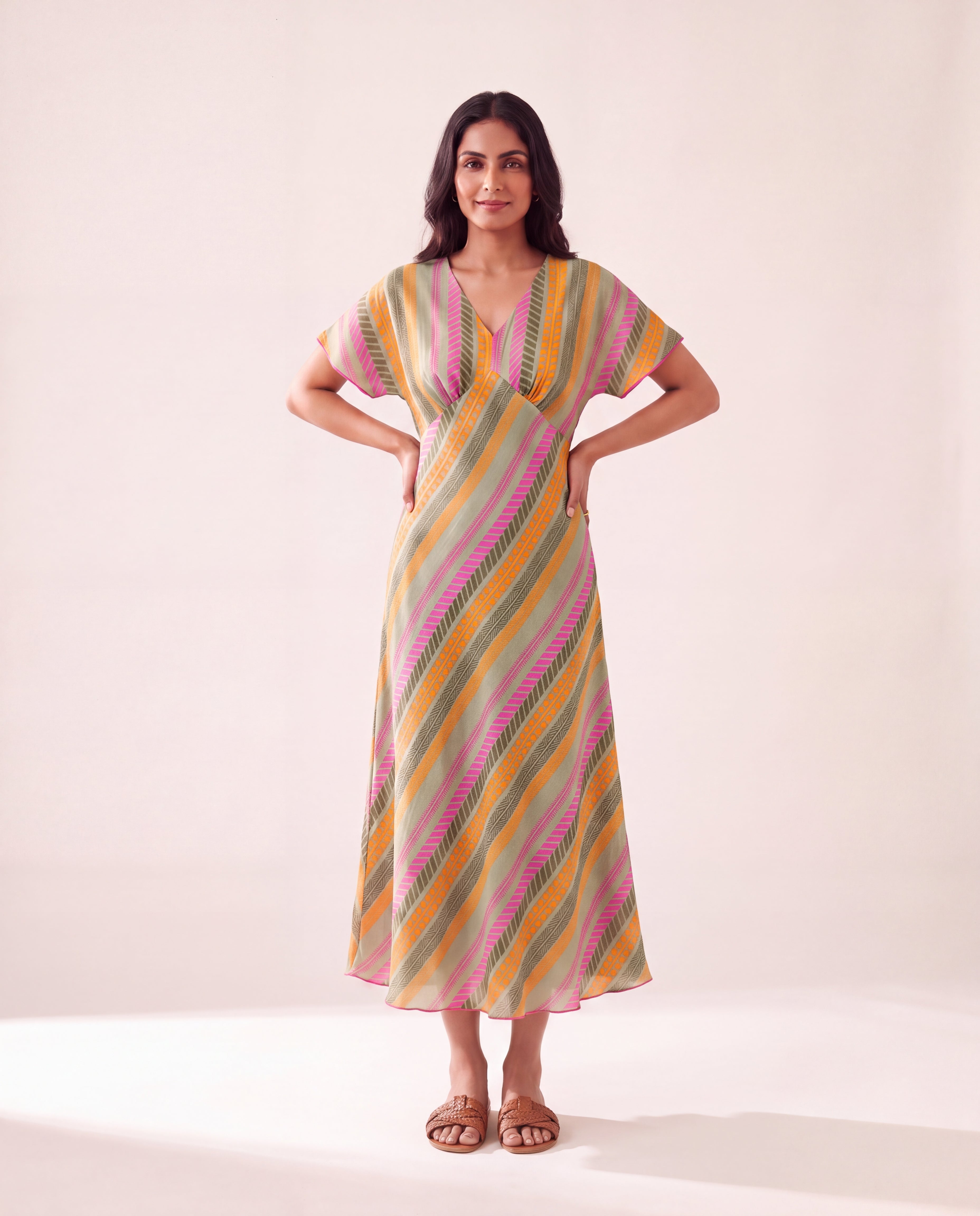 Diagonal Stripe Printed Cotton Midi Dress