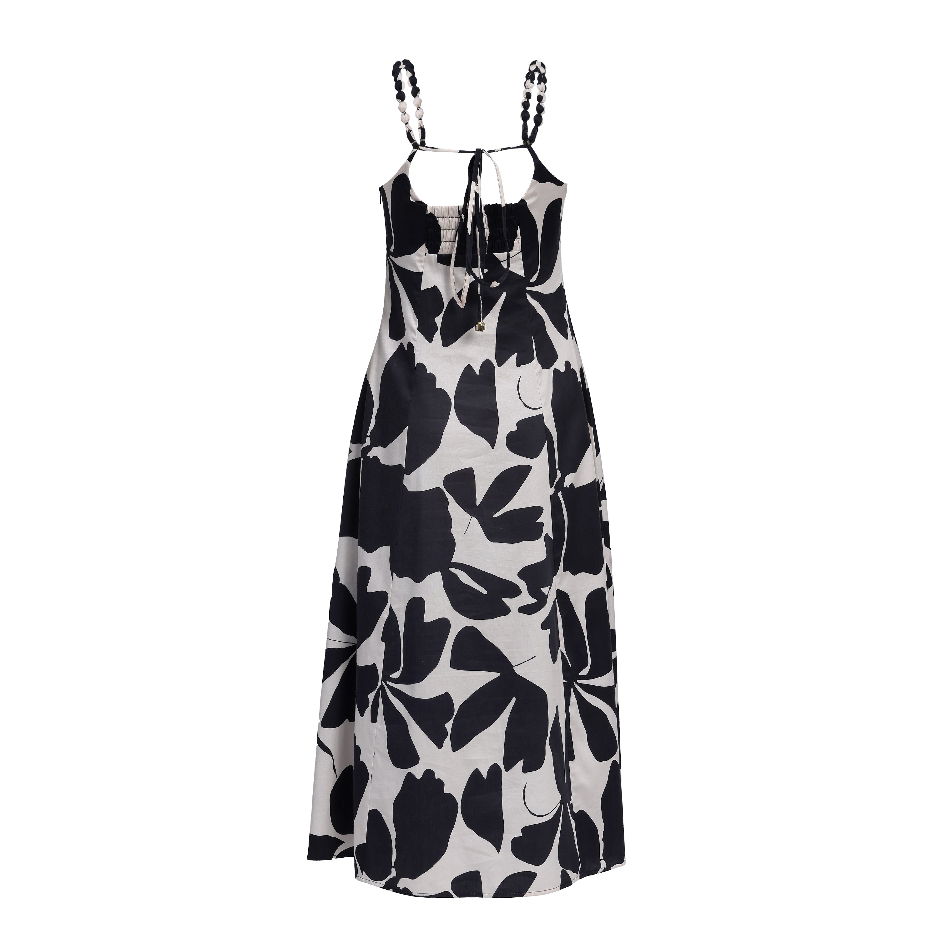 Black floral patterned dress on a white background