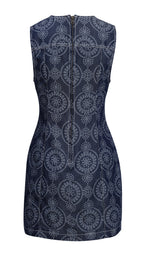 Navy blue dress with white geometric pattern on a white background
