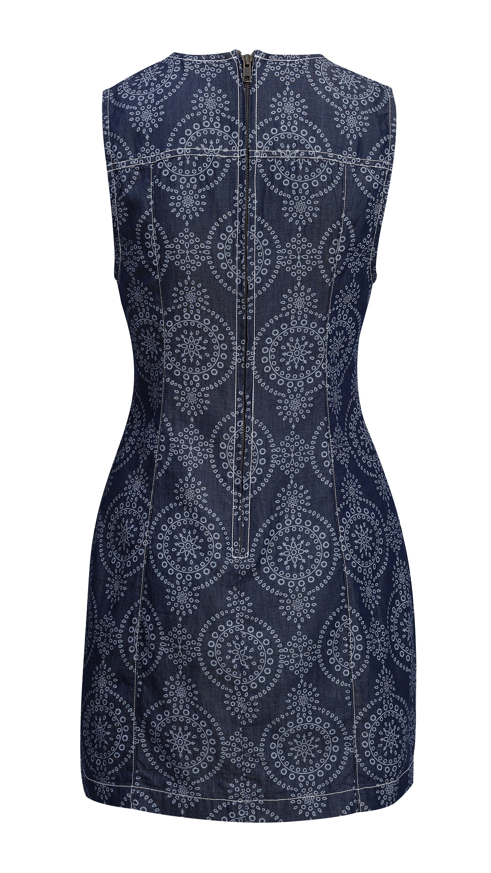 Navy blue dress with white geometric pattern on a white background