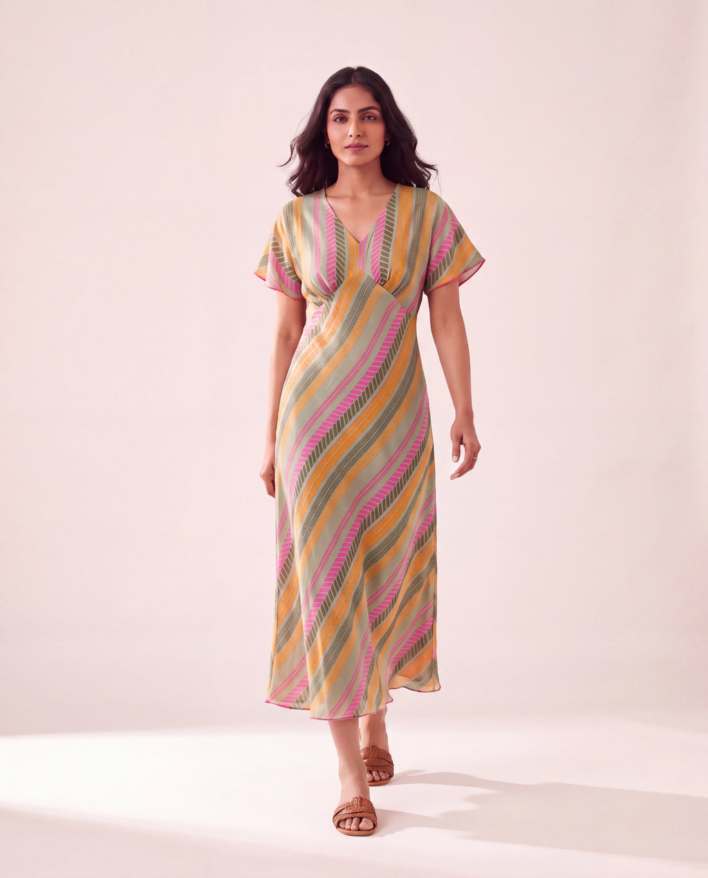 Diagonal Stripe Printed Cotton Midi Dress