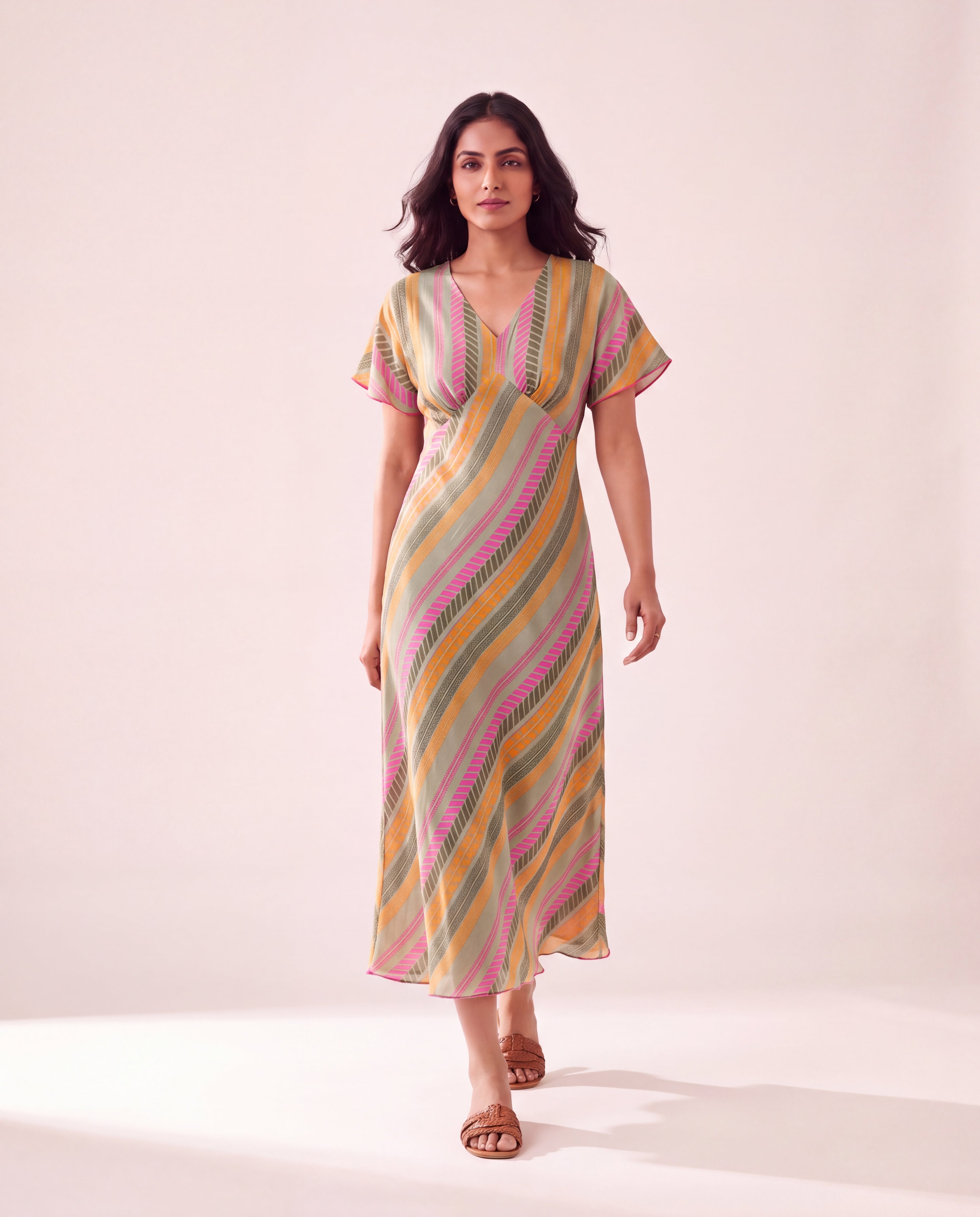 Diagonal Stripe Printed Cotton Midi Dress