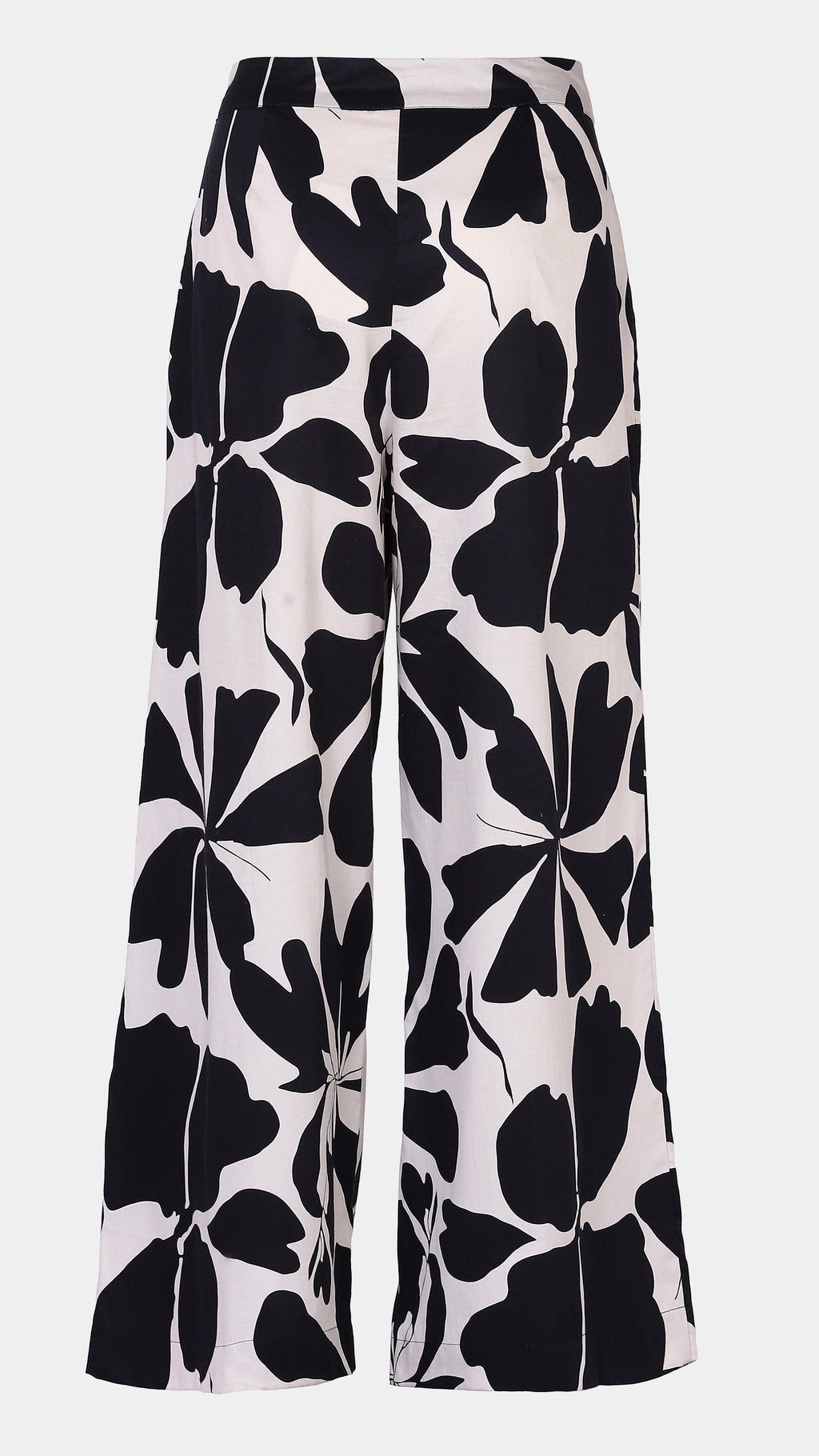 Black floral patterned pants on a white background