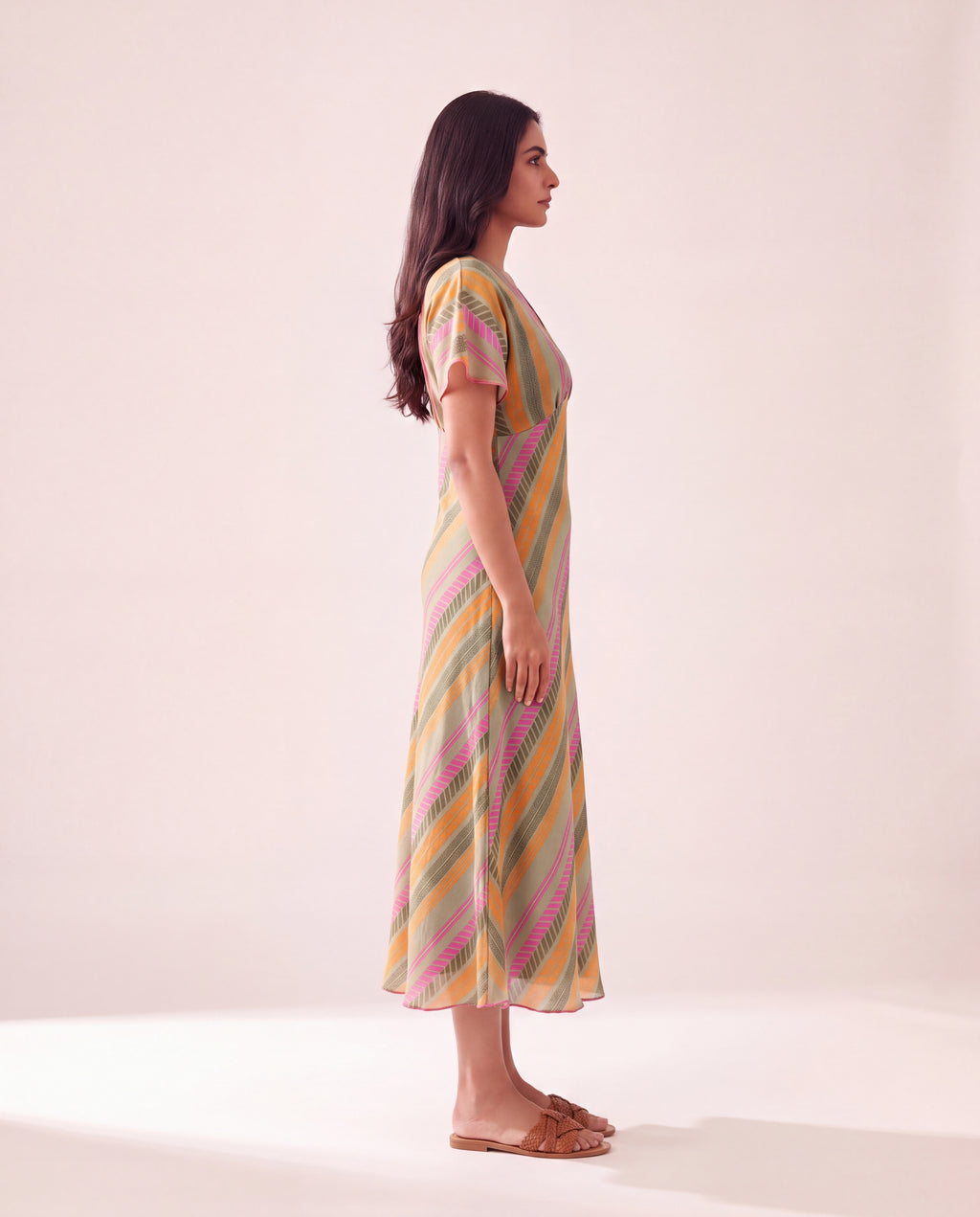 Diagonal Stripe Printed Cotton Midi Dress