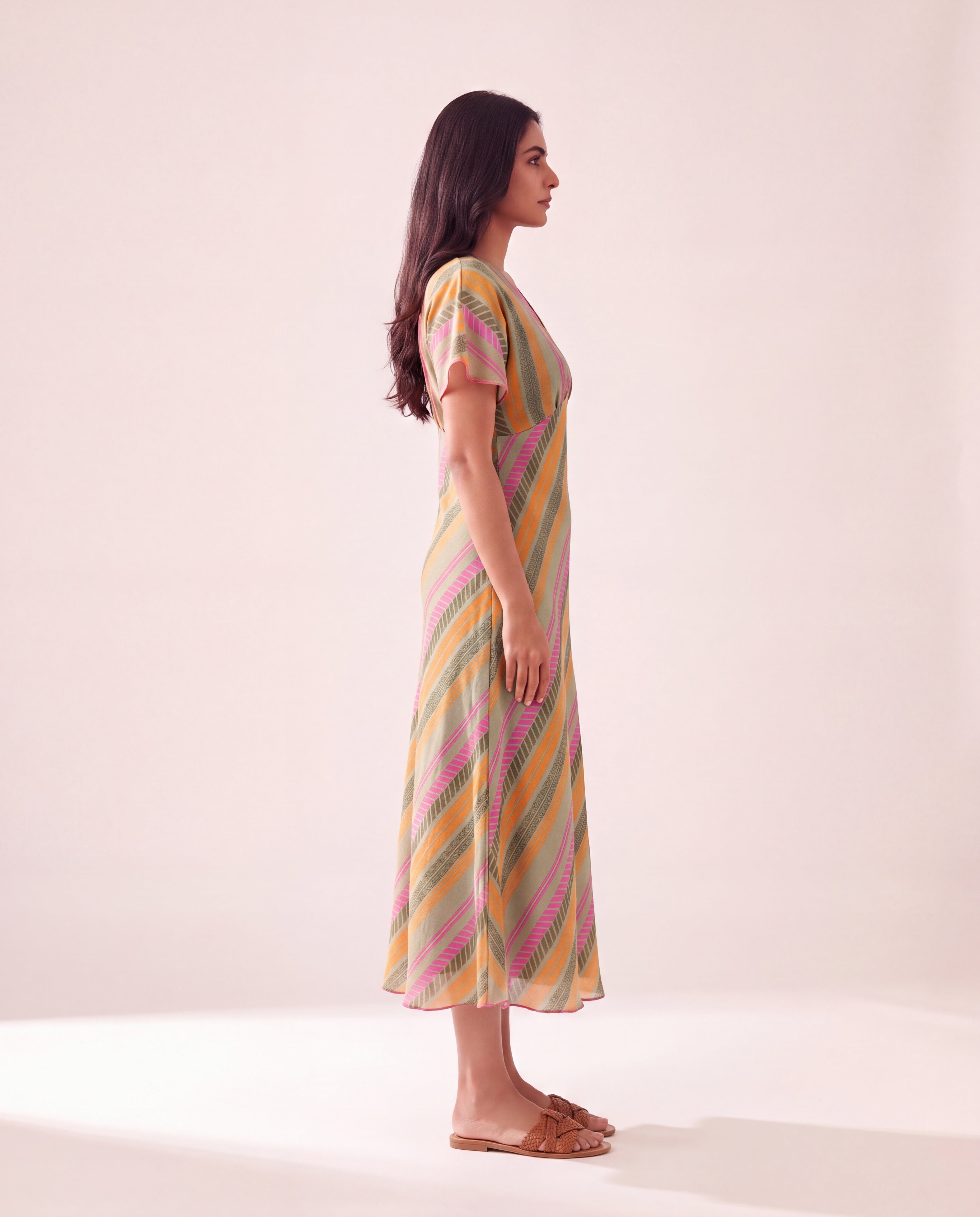 Diagonal Stripe Printed Cotton Midi Dress