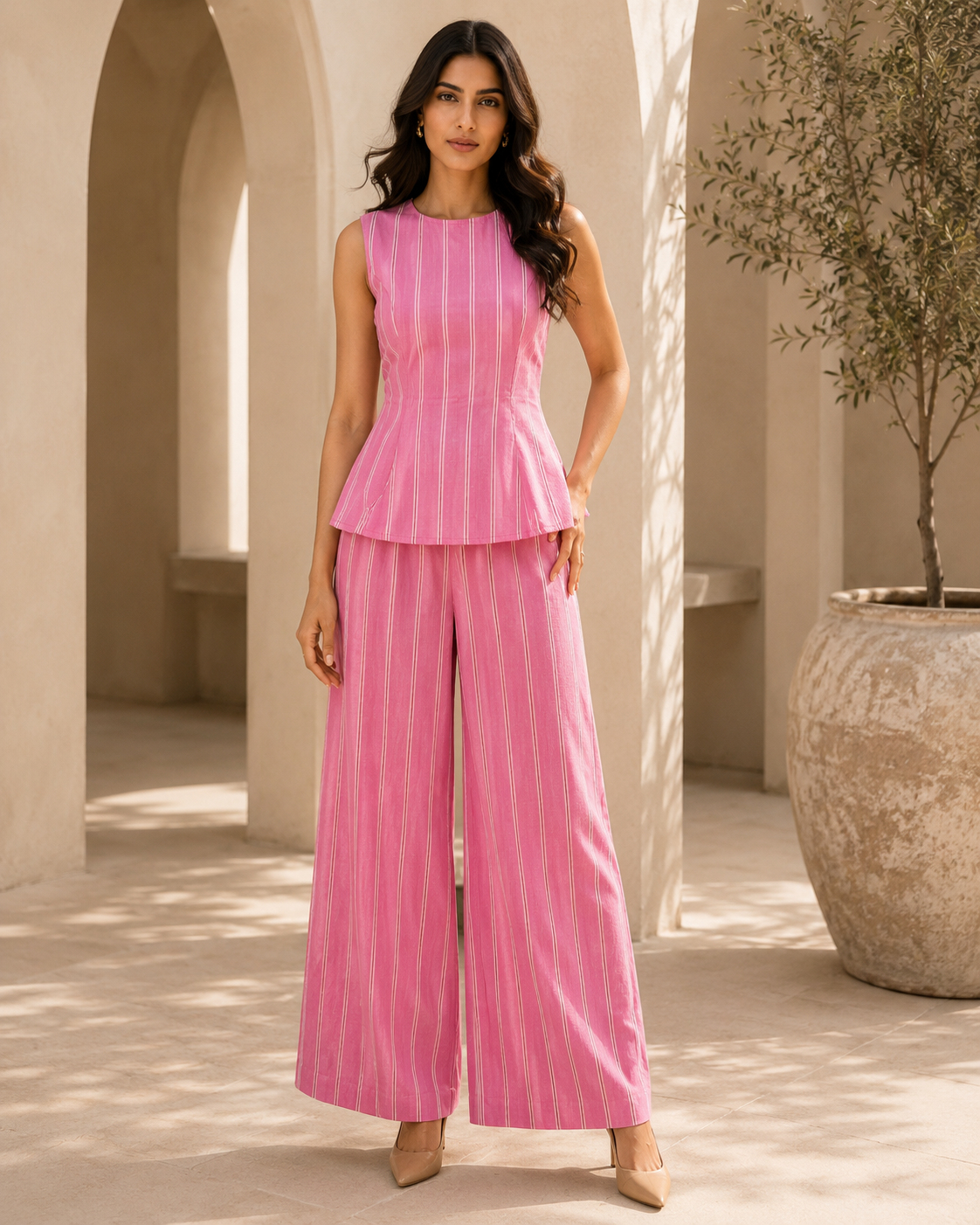 Pink and white yarn dyed stripes cotton co-ord set with peplum top and wide-leg palazzo pants