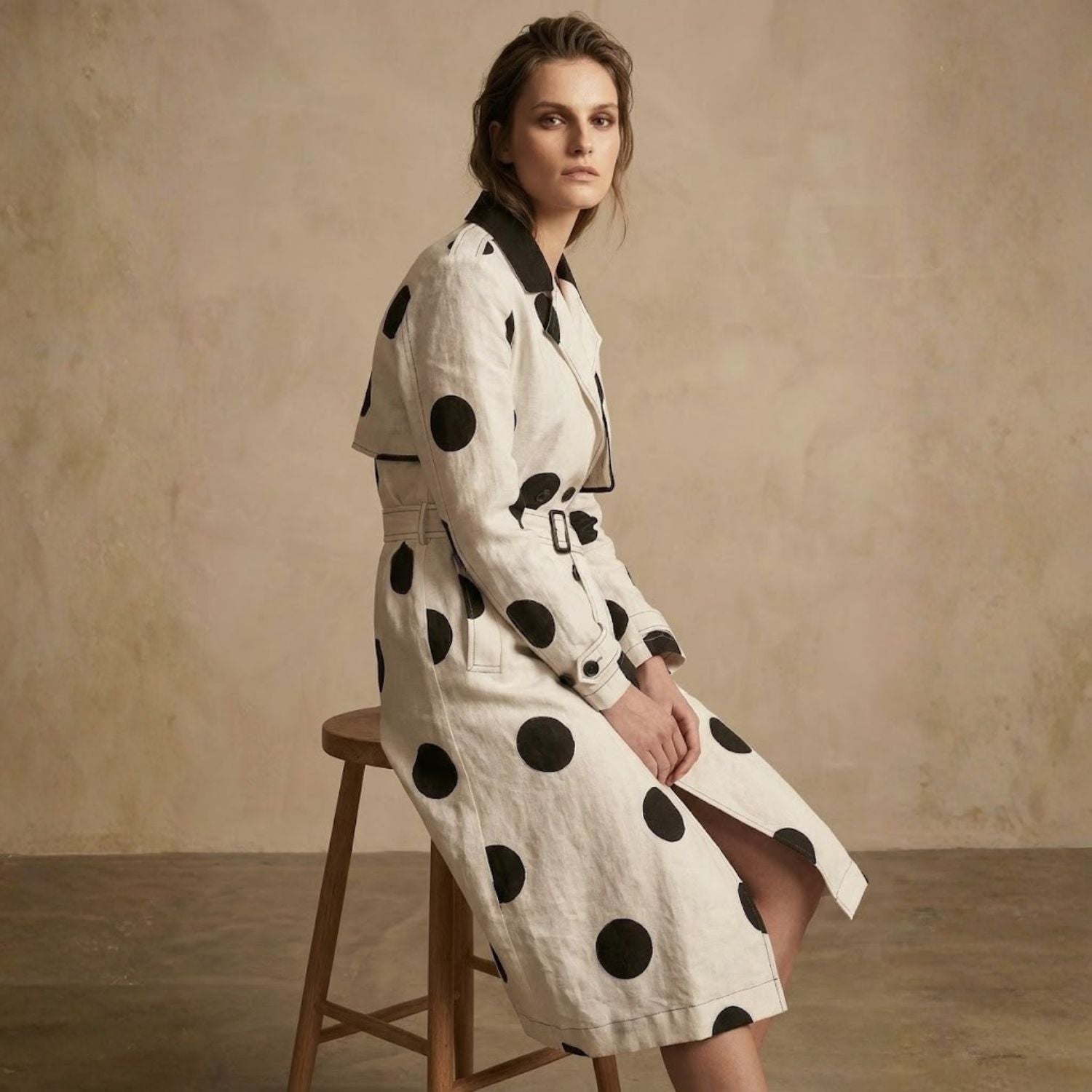 Woman wearing a black and white polka dot dress sitting on a wooden stool against a beige wall.