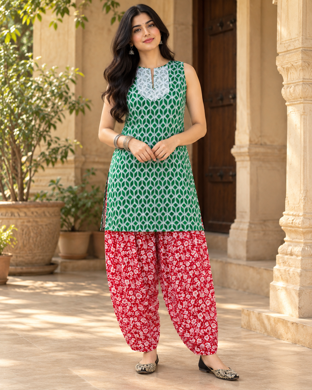 Front view of green geometric-print kurta with red floral salwar