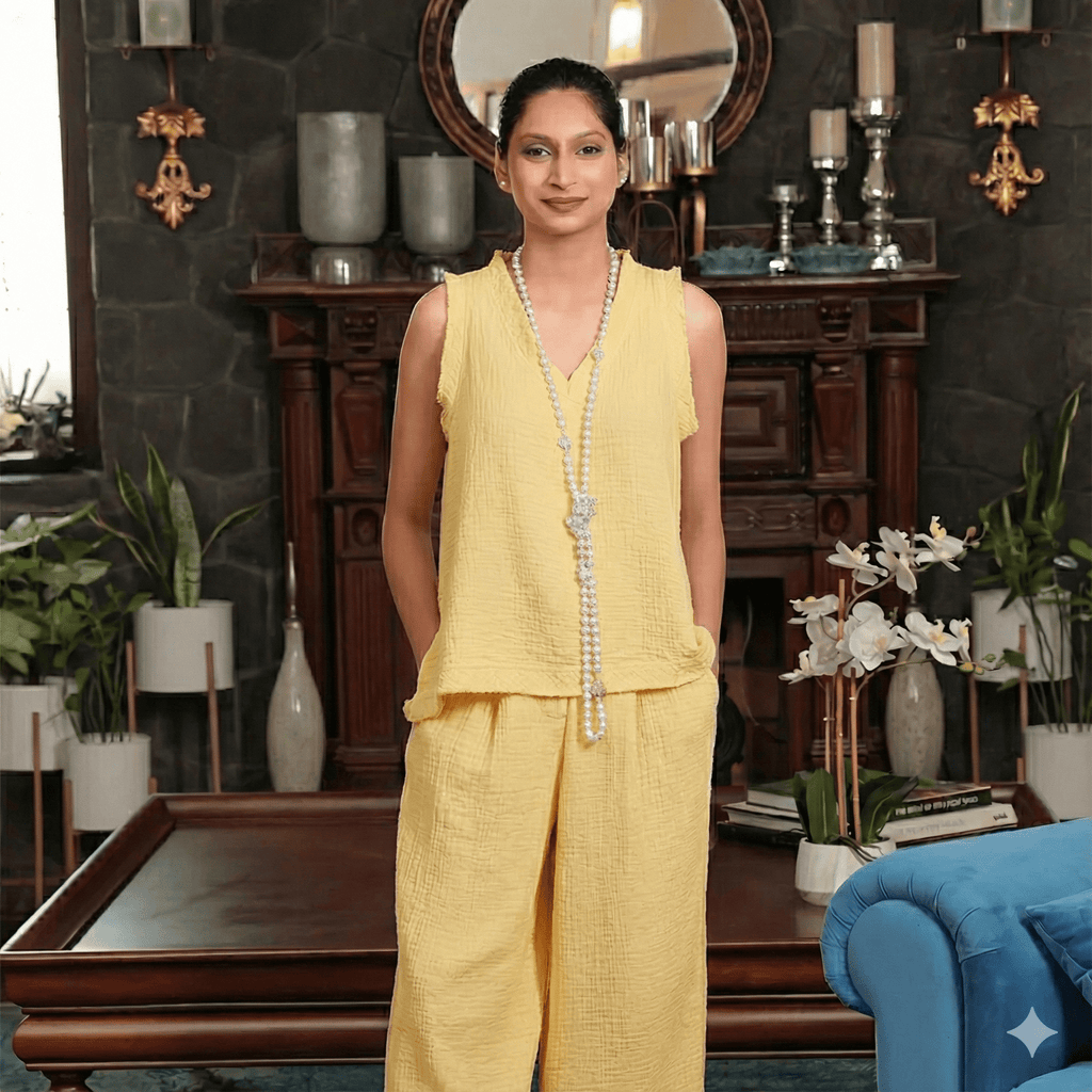 Chhaya Sleeveless Top & Reva Wide Leg Pants Set - Ash And Amber