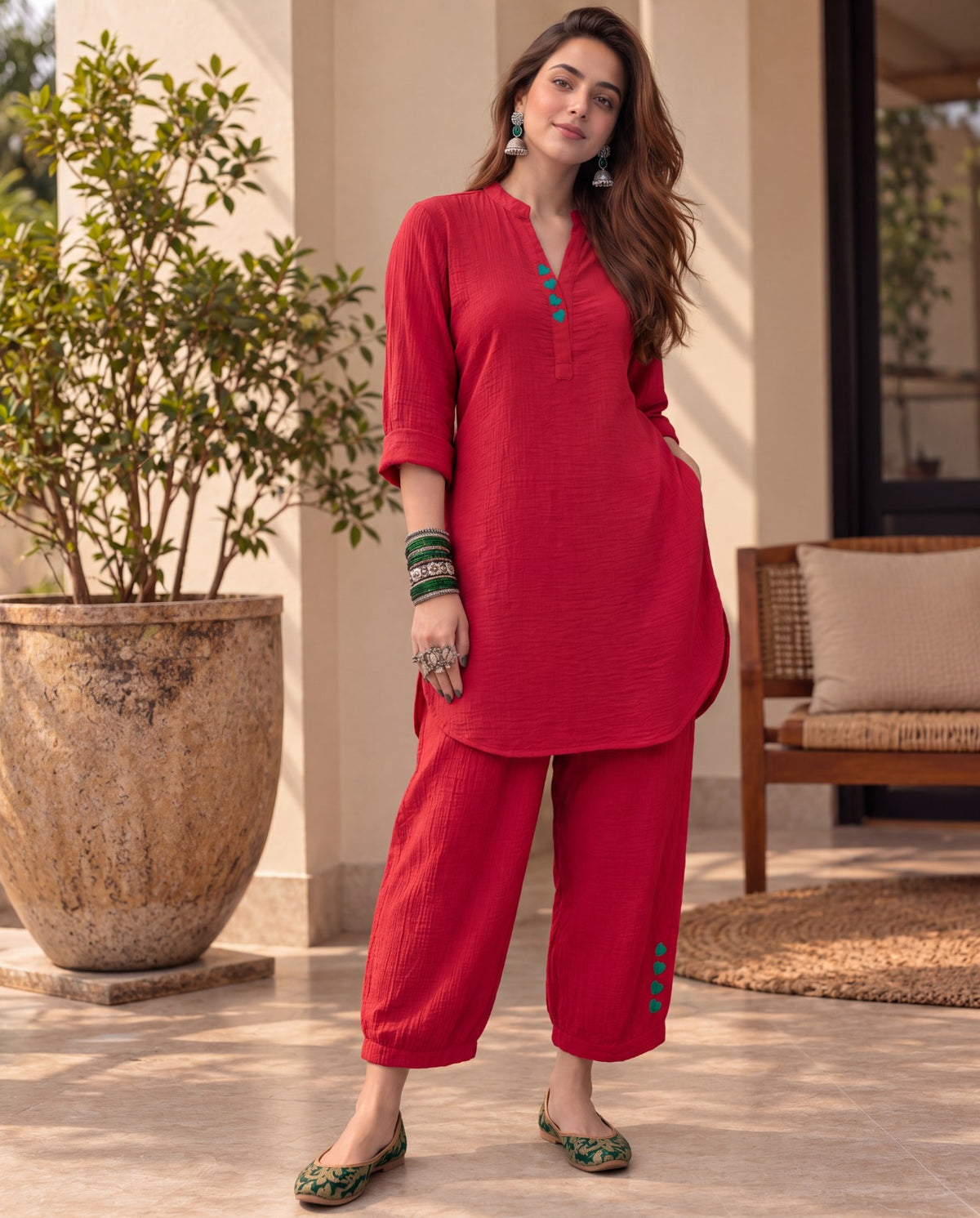 Rangrez double gauze co-ord set in Red