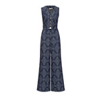 Navy patterned jumpsuit on a white background