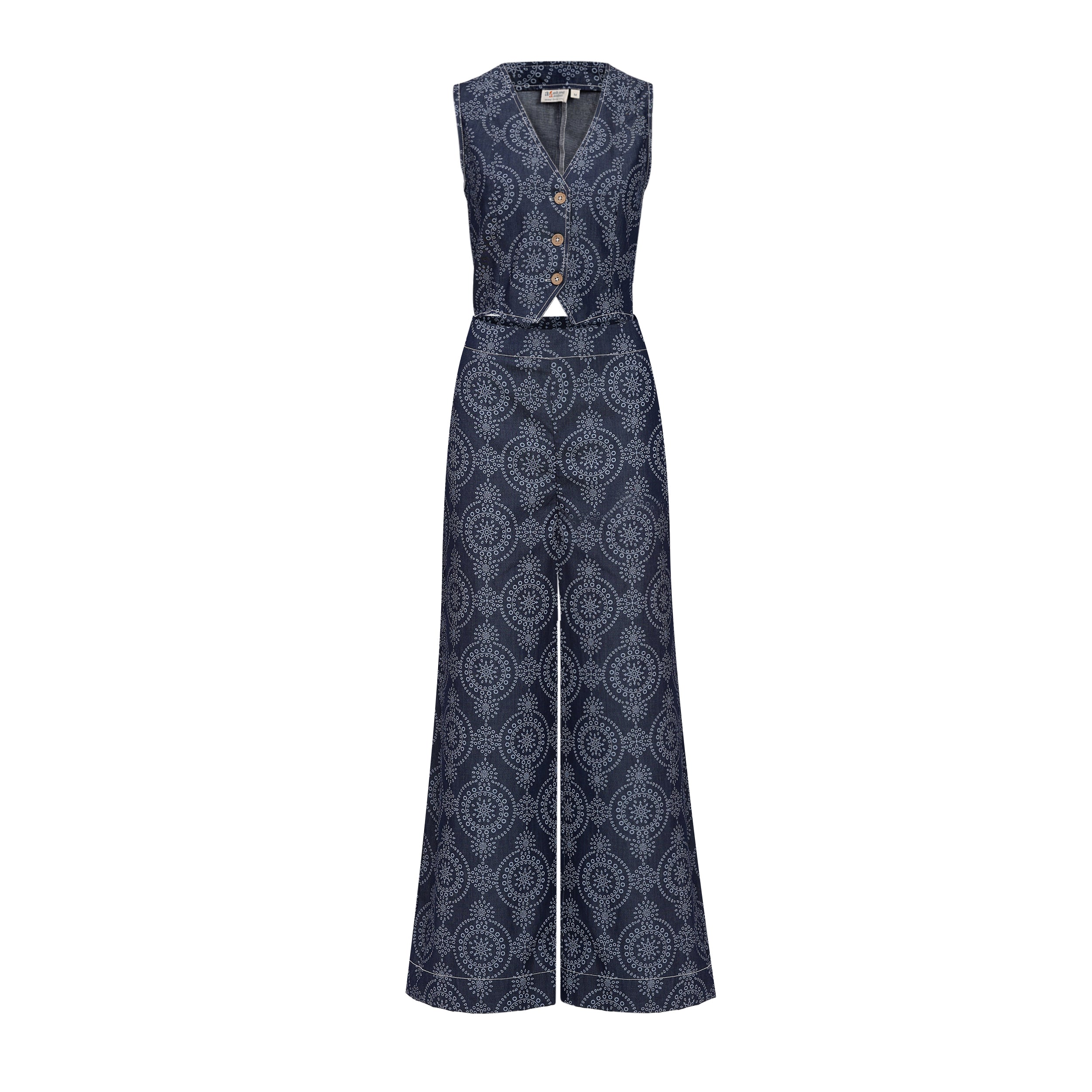 Navy patterned jumpsuit on a white background