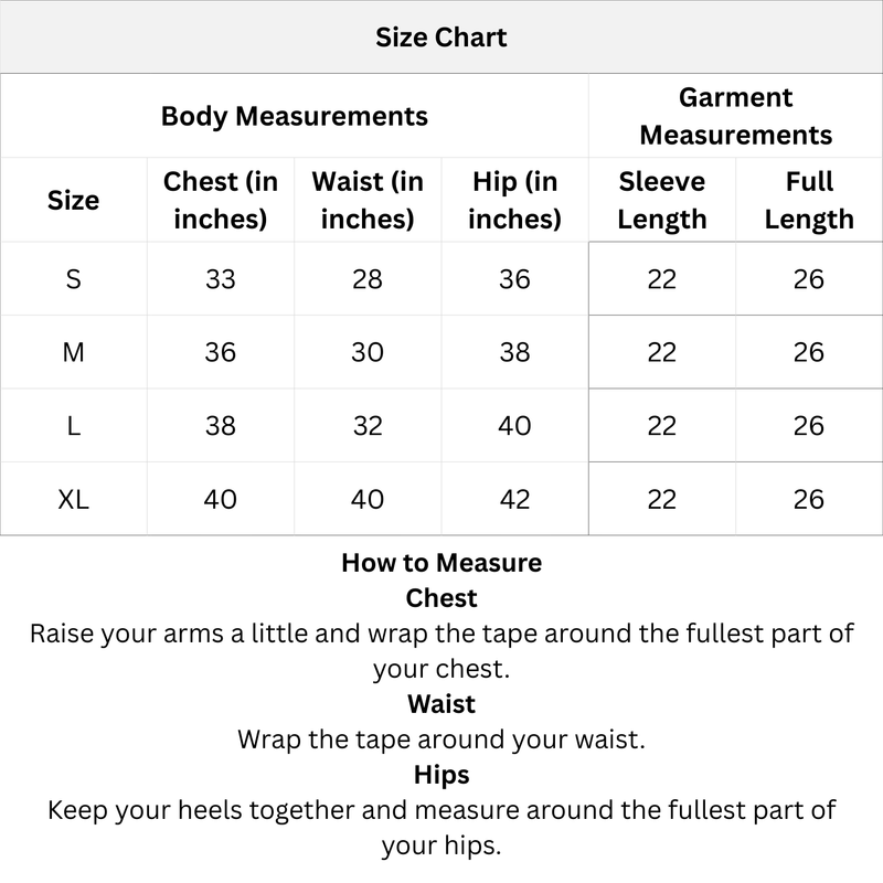 Size chart for clothing with measurements in inches