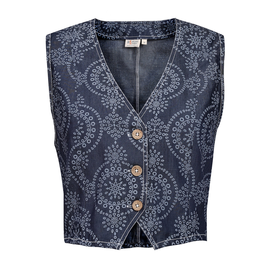 Navy blue patterned vest with buttons on a white background