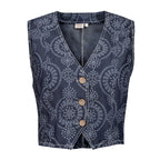 Navy blue patterned vest with buttons on a white background