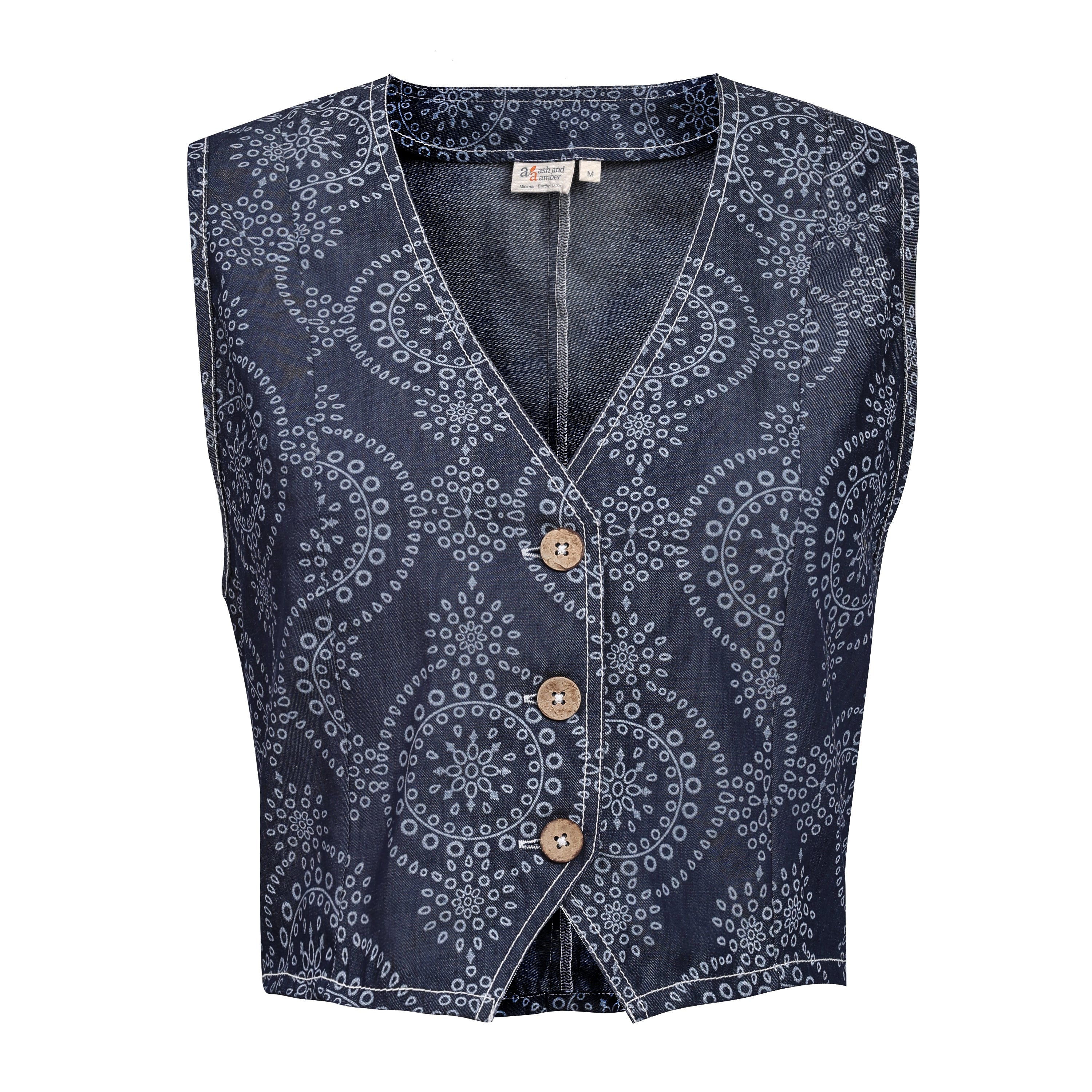 Navy blue patterned vest with buttons on a white background
