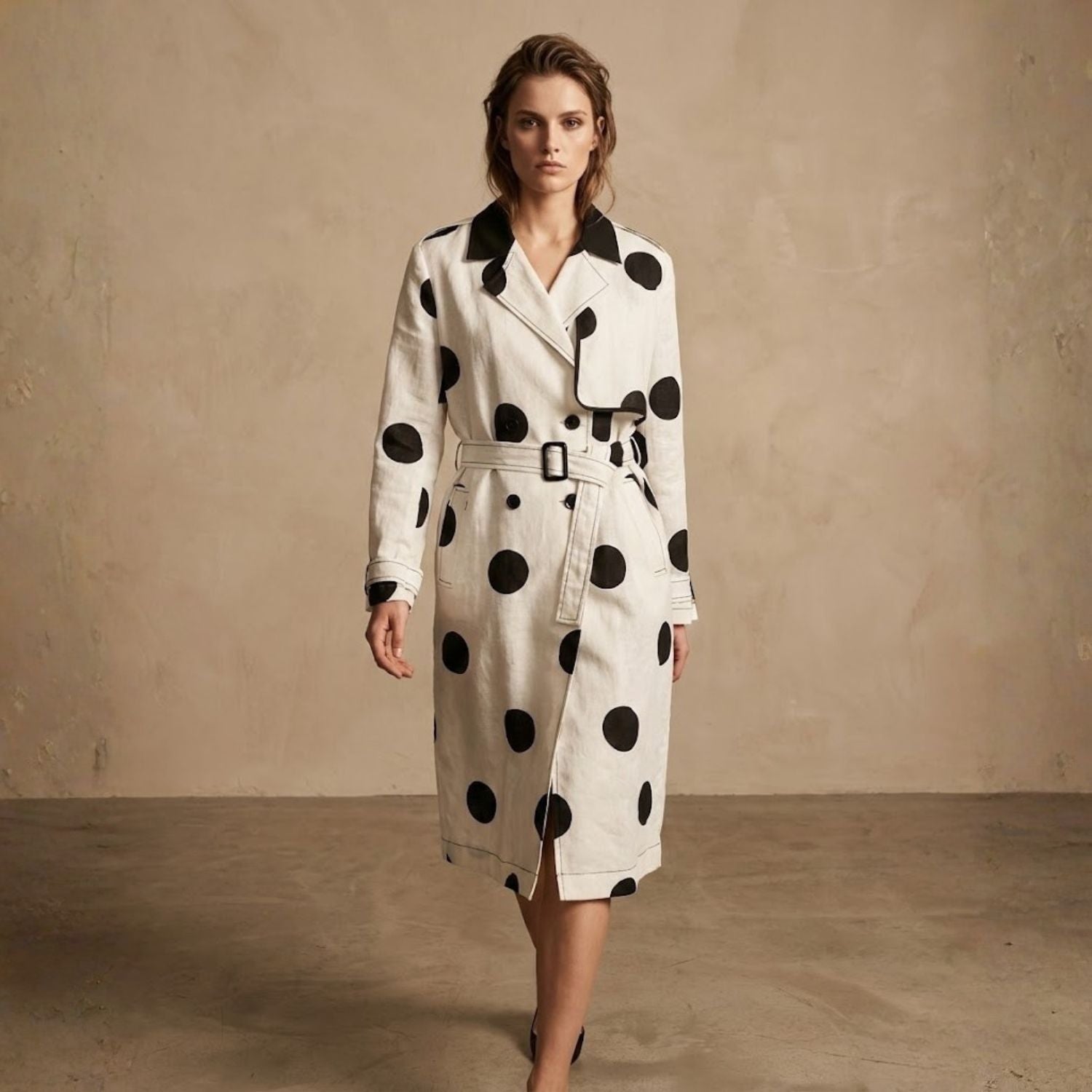 Woman wearing a polka dot coat against a beige background