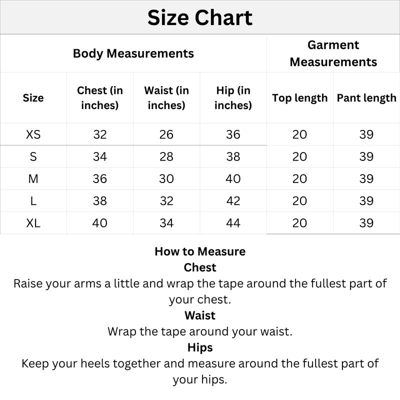 Size chart for clothing measurements with body and garment dimensions.