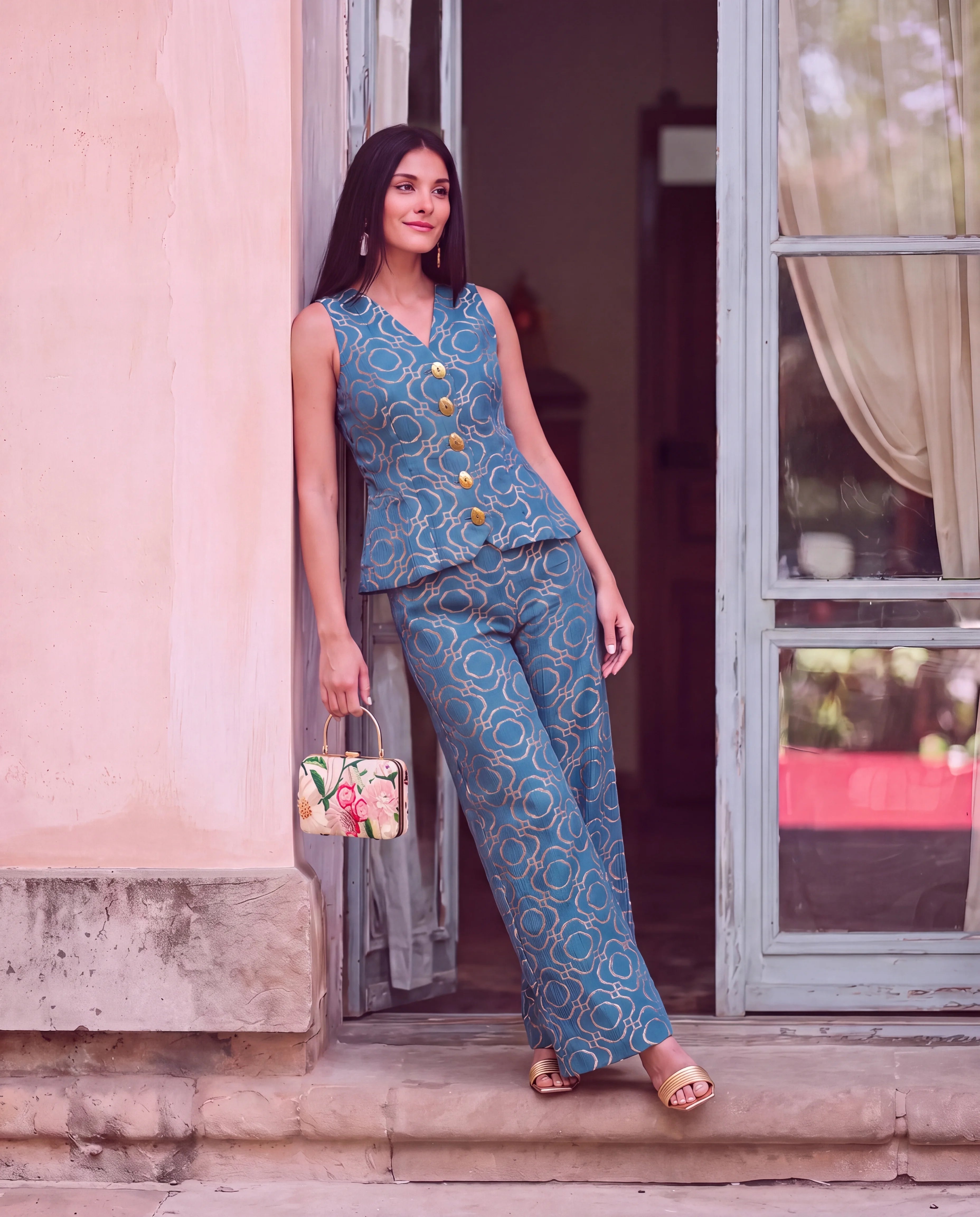 Teal Lurex Peplum Co-ord Set - full length front view