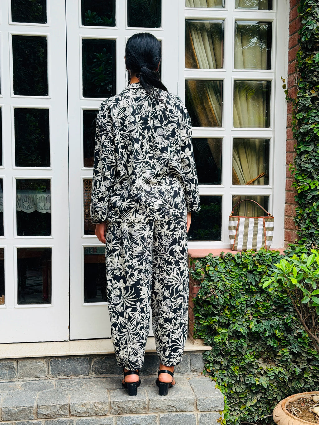 Black and white floral linen co-ord set - back view