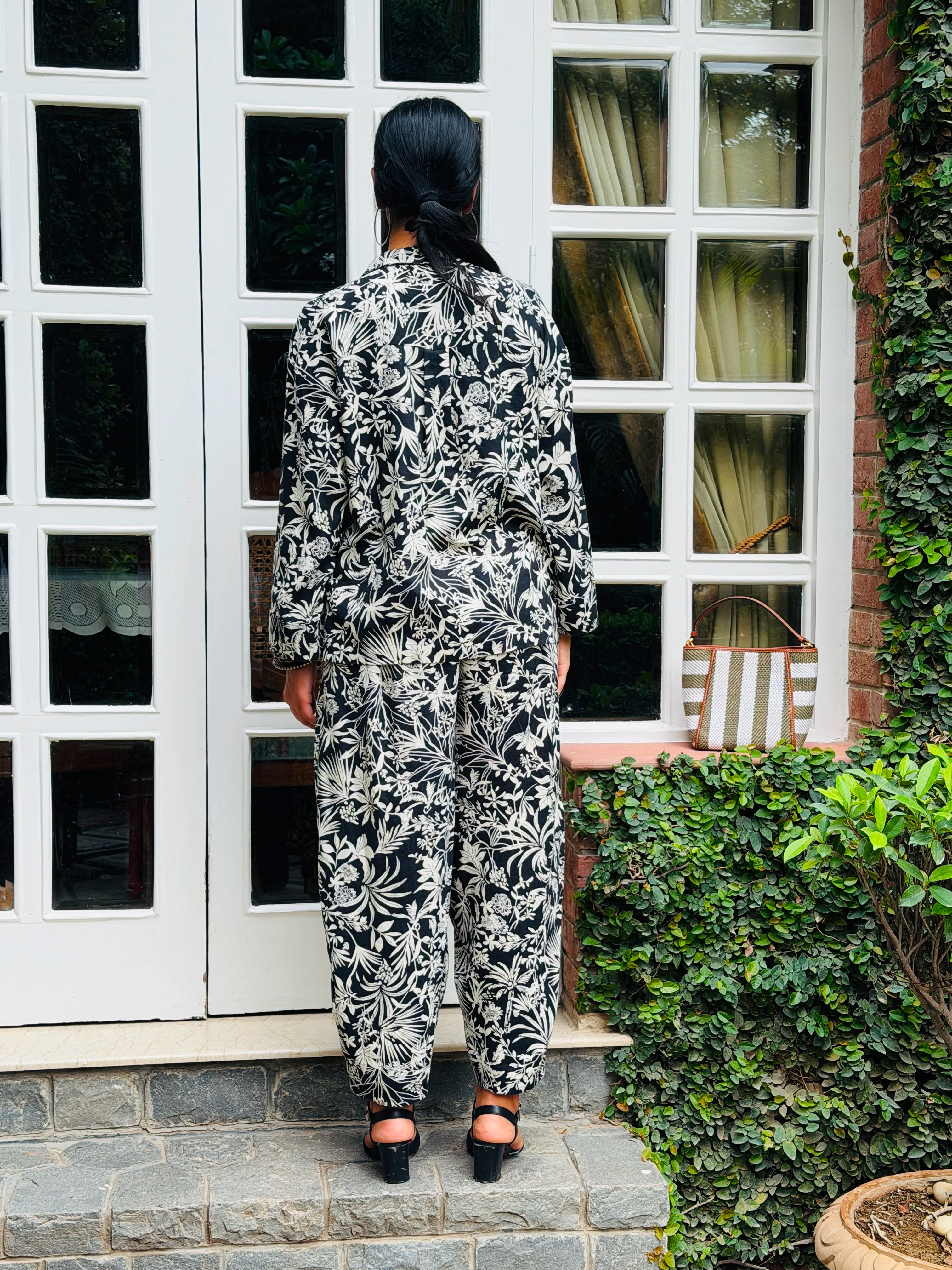 Black and white floral linen co-ord set - back view