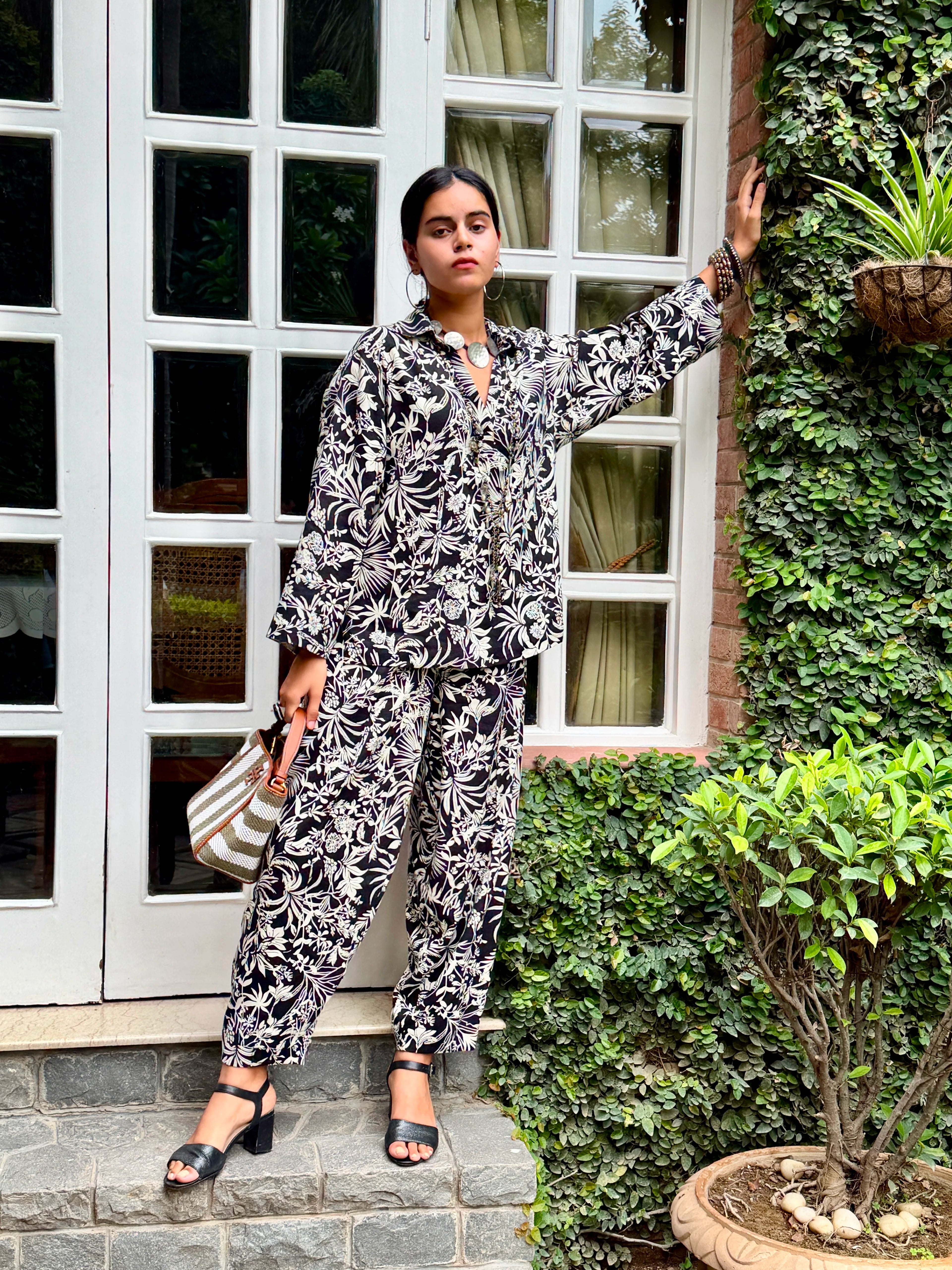Black and white floral linen co-ord set - front view