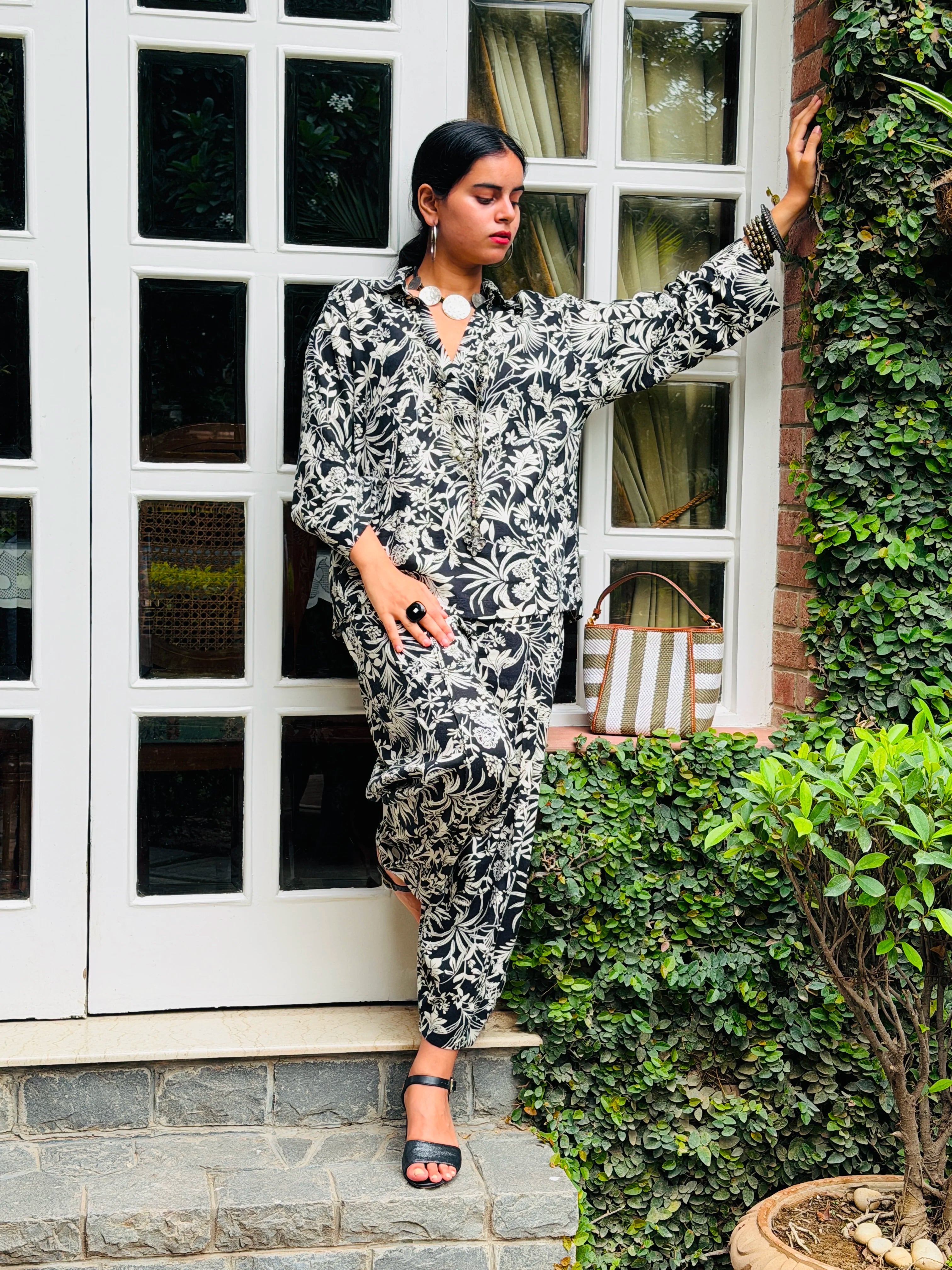 Black and white floral linen co-ord set - styled view