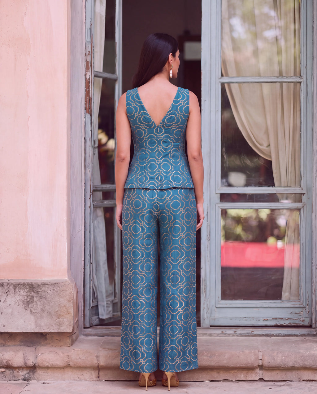 Teal Lurex Peplum Co-ord Set - back view showing V-neck
