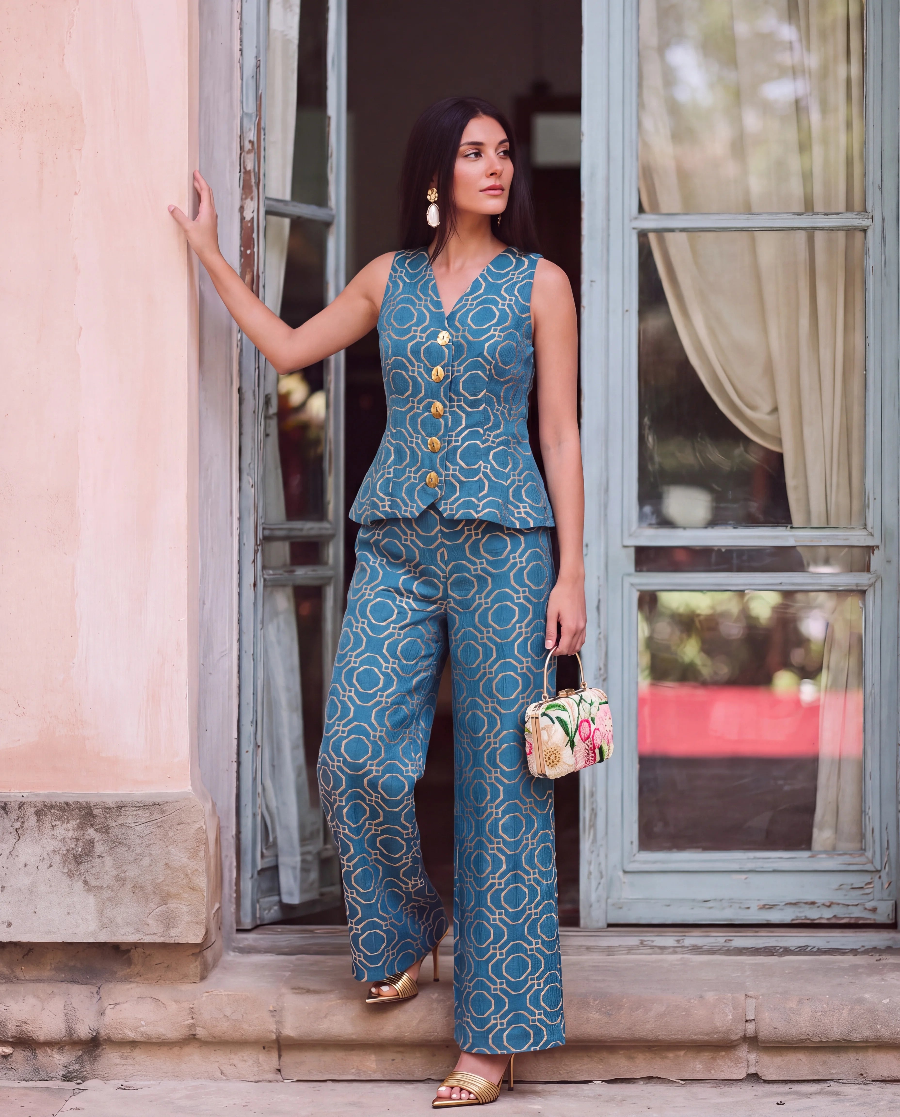 Teal Lurex Peplum Co-ord Set - front view with golden buttons