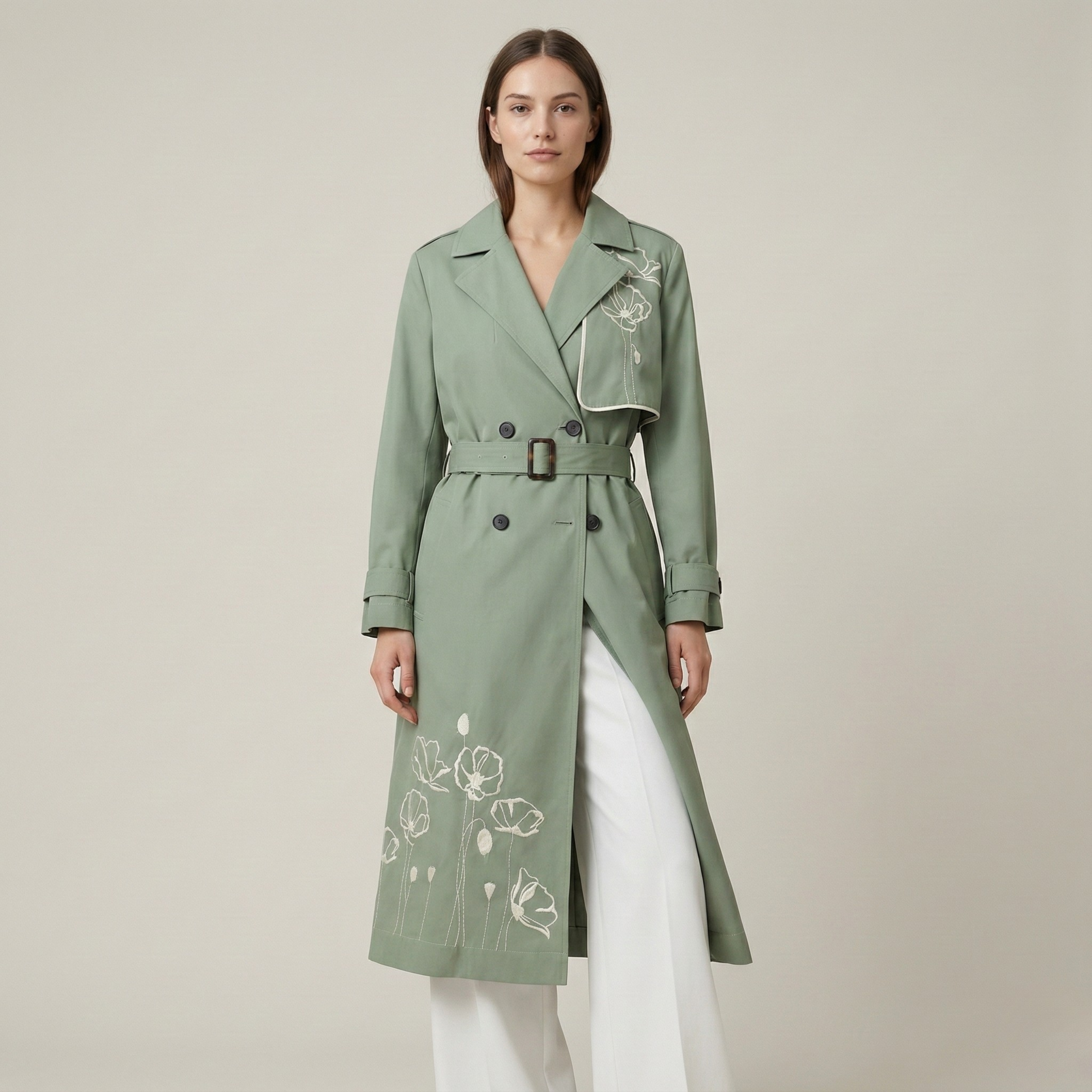 Woman wearing a green trench coat with floral embroidery on a beige background