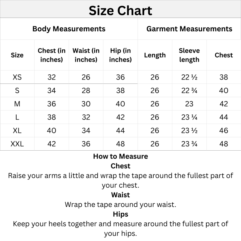 Size chart for clothing measurements with body and garment dimensions.